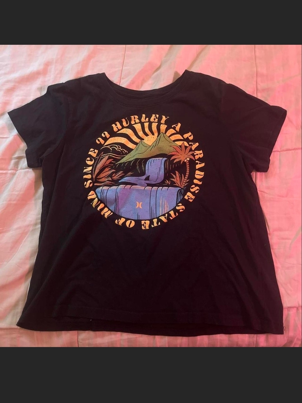 Hurley Vinrage Inspired Black Short Sleeve Tee with Sunset Waterfall Graphic